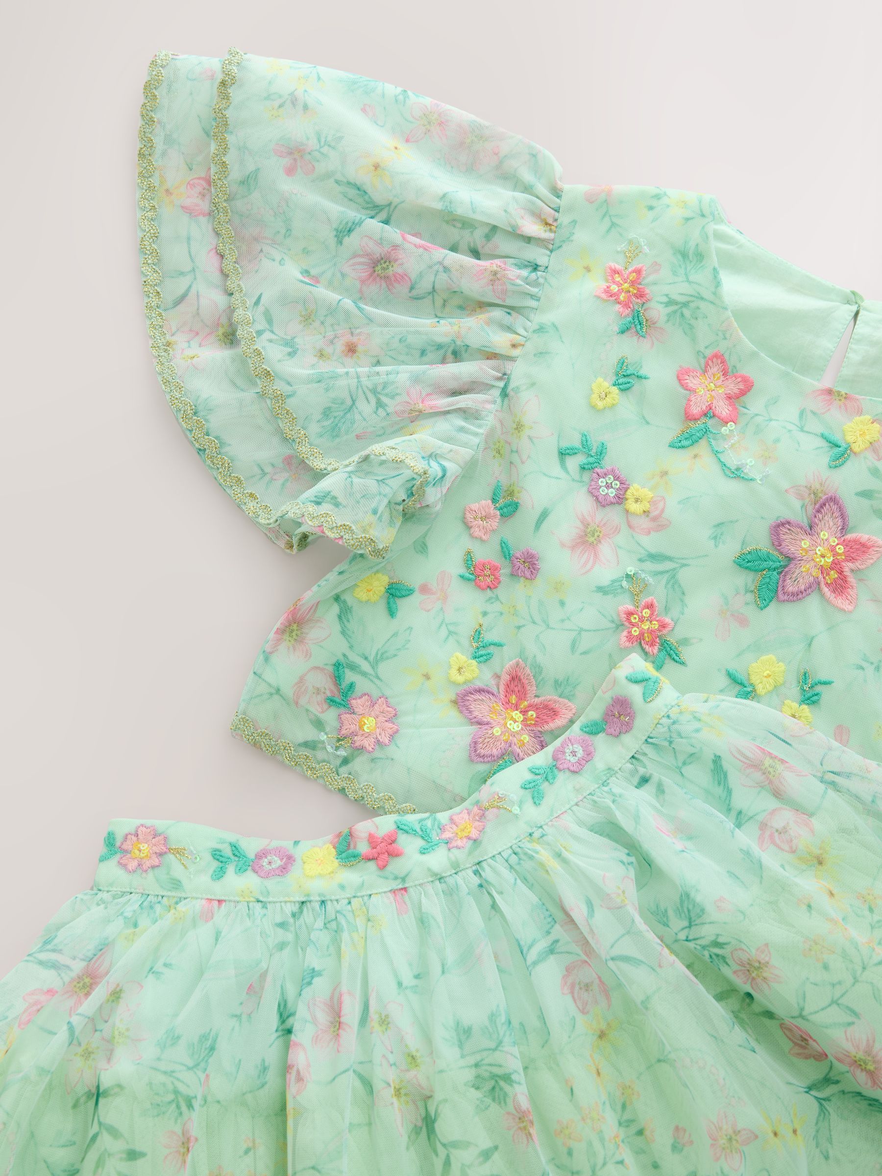 Groen bloemmotief - Groene bloemen top en rok co-ord set (3-16jr)