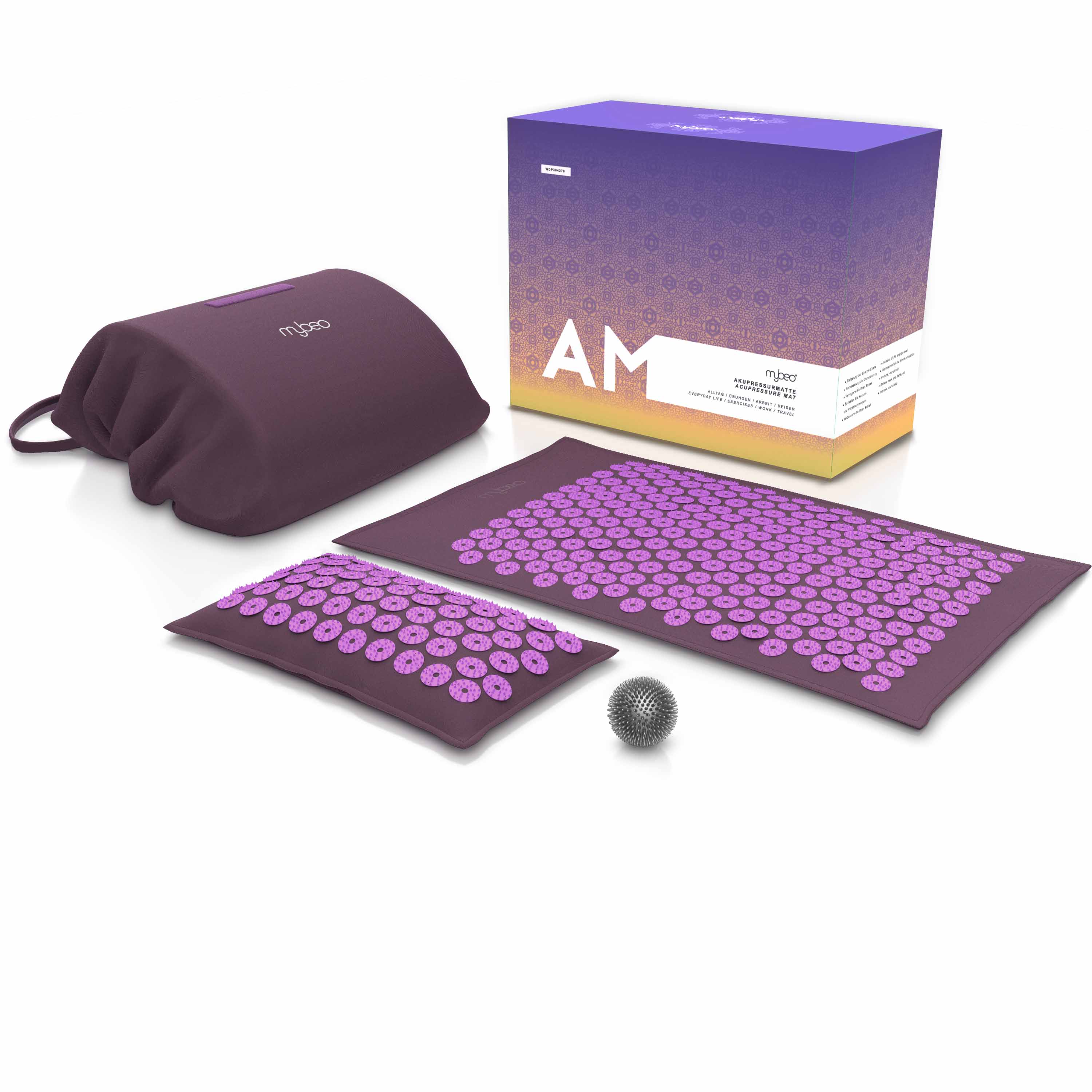 MyBeo Akupressurmatte mit Kissen + Massageball gegen Nacken und Rückenschmerzen, Akupressur Set, 71 x 44cm, Rosa