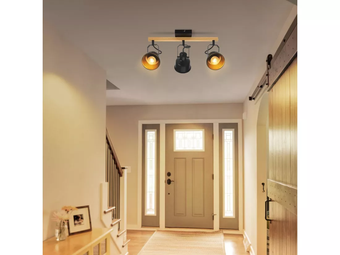 NETTLIFE Spot de Plafond 3 Flammes Orientable à 350° Vintage E14 de conception de haute qualité en bois veiné