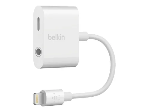 Belkin 3.5 mm Audio   Charge RockStar - Lightning til hovedtelefon-jackstik/opladningsadapter - Lightning (han) til 4-pæl ministik, Lightning (hun) - hvid - for Apple iPad/iPhone (Lightning)