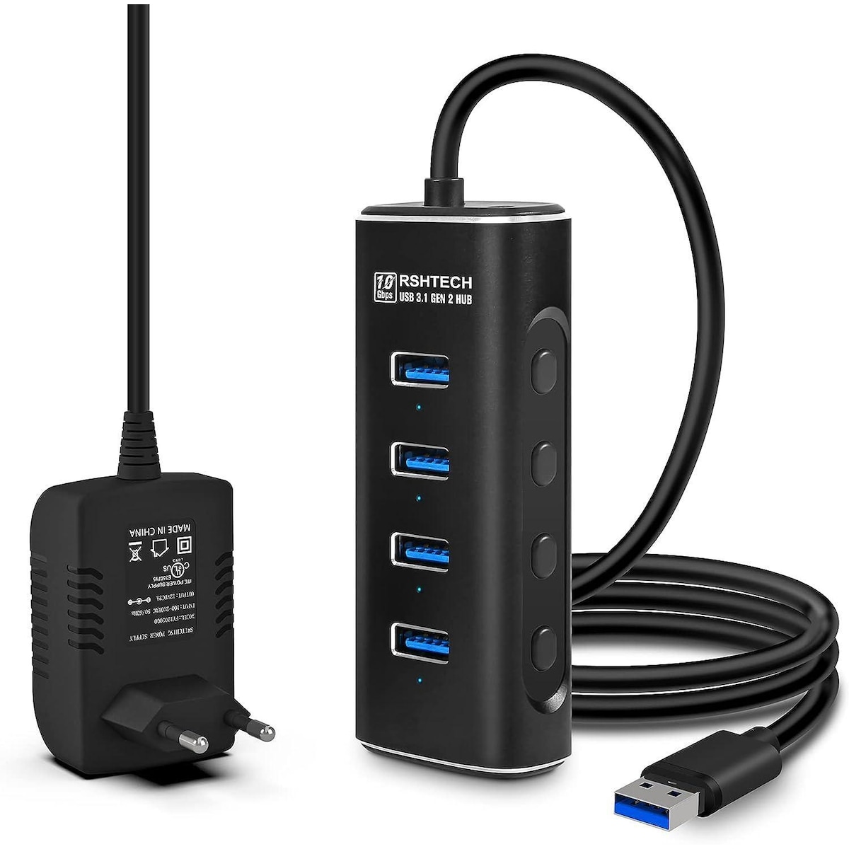 NÖRDIC Gen2 3.2 USB-A 4-ports drevet Hub 10 Gbps 1m kabel individuell bryter