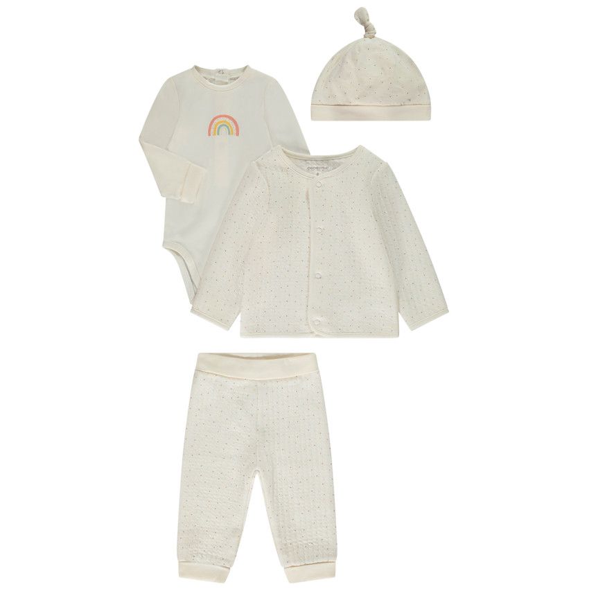 Ensemble 4 pièces imprimé pois multicolores pour bébé - Ecru