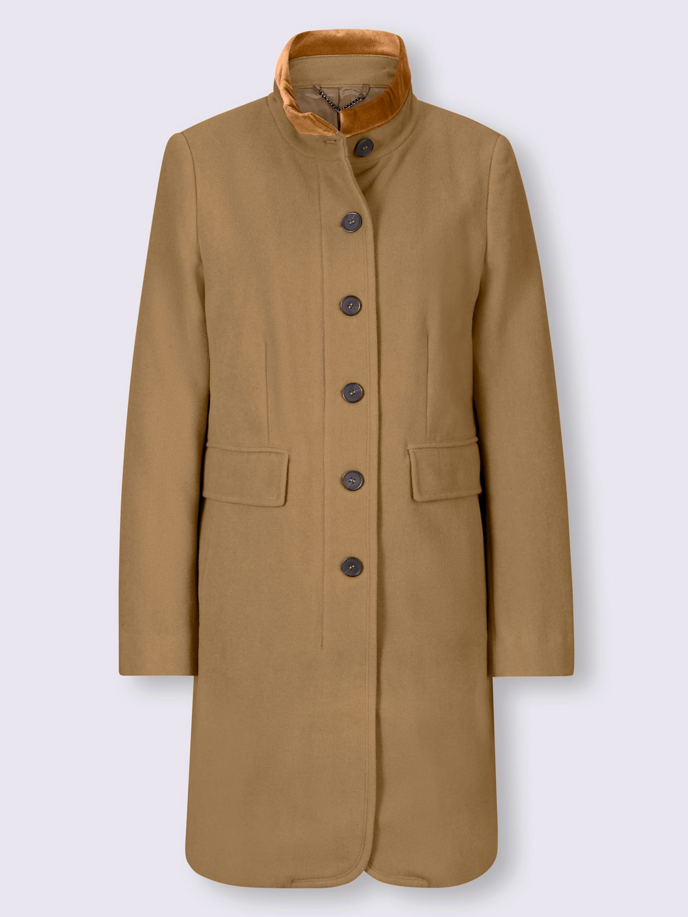 Manteau en laine col montant avec finition en velours ton sur ton