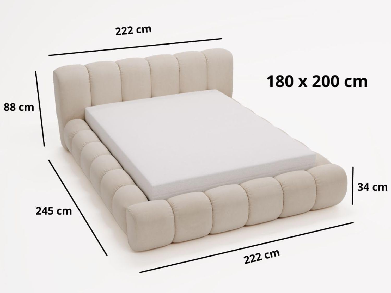GRAINGOLD Doria Bett 180x200, Polsterbett mit Bettkasten, Polsterbett mit Stauraum, Velour, mit Lattenrost, mit Kopfteil, ohne Matratze (Creme, 180x200)