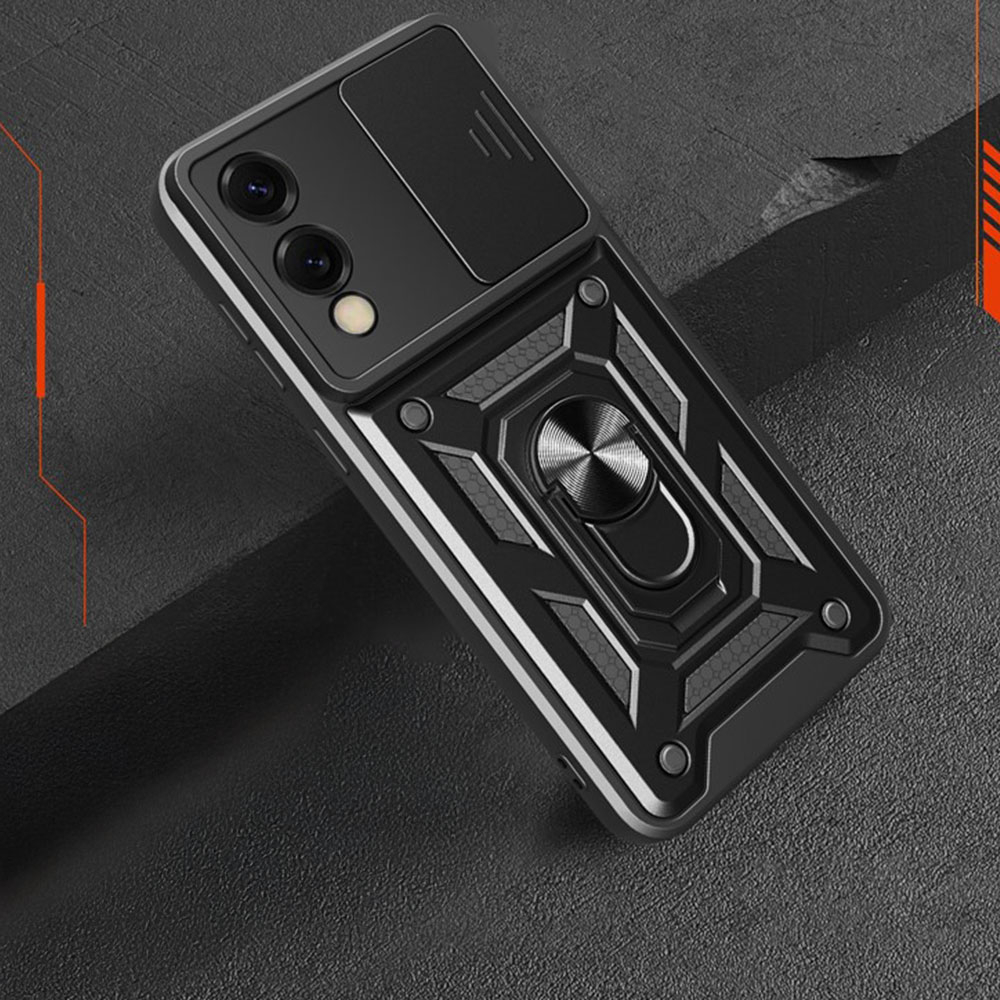 Samsung Galaxy S25 Edge Hybrid Outdoor Hardcase Hülle mit Cam-Slider   Magnetischer Kickstand - Schwarz