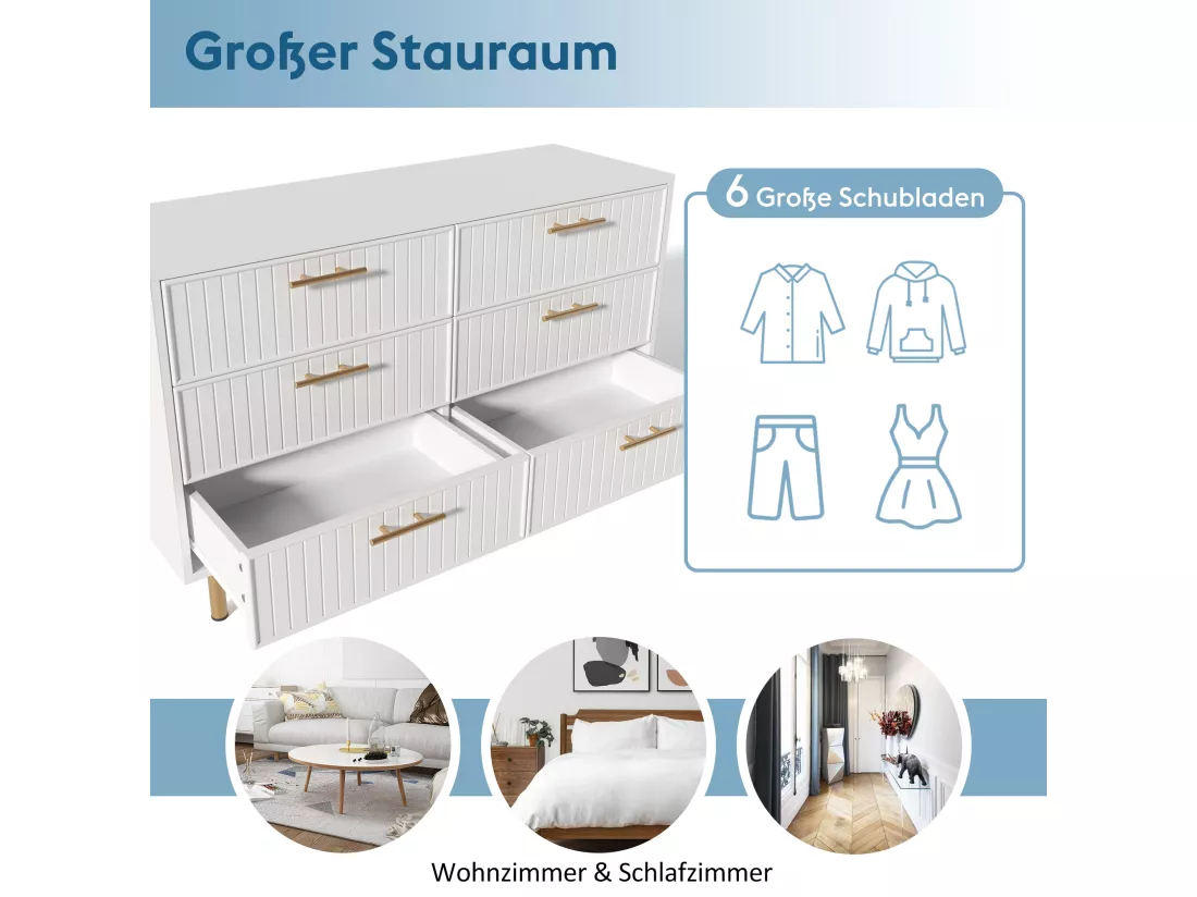 Commode avec 6 tiroirs, 120 x 40 x 75 cm, Panneaux de particules + métal, Motif rayures verticales, Blanc