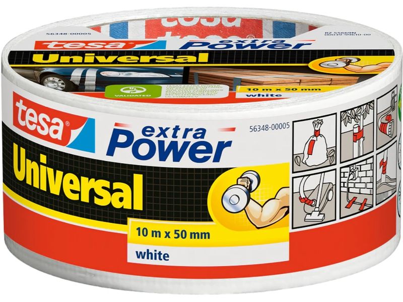 tesa Klebeband extra Power Universal Weiss, 10 m x 50 mm Klebeband mit extra starkem Halt – Duct Tape für Reparaturen, zum Befestigen, Abdichten und mehr