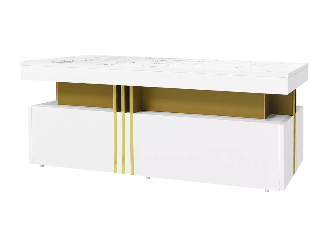 Table basse rectangulaire effet marbre blanche brillante avec 2 tiroirs 100*50*40 cm GEVREITS WHITE