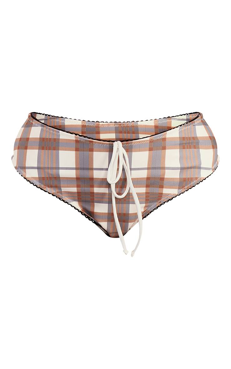 Marron Bas De Bikini Taille Haute À Volants Triangulaires Imprimé Vichy