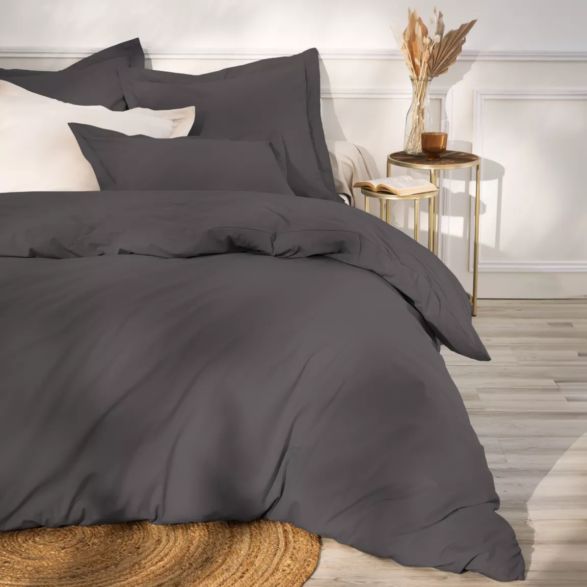 Drap housse percale de coton (200 x 200 cm) Cali Gris anthracite
