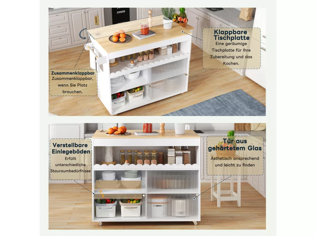 Ilot central de cuisine mobile avec 2 portes coulissantes - plateau extensible - 122x46/69x91 cm - Bois MDF - Blanc + naturel