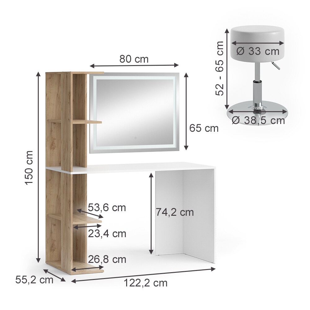 Vicco Schminktisch Tower Weiß Sonoma 122 x 55 cm mit LED-Spiegel und Hocker