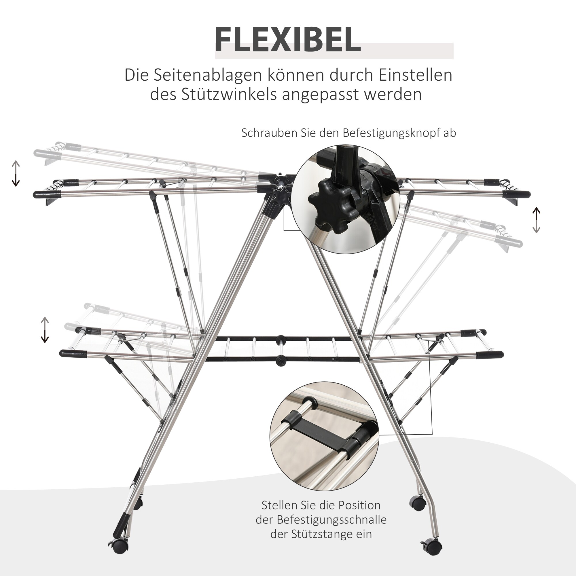 HOMCOM Wäscheständer mit 3 Ebenen silber, schwarz 138,5x 63x 208 cm (BxTxH)