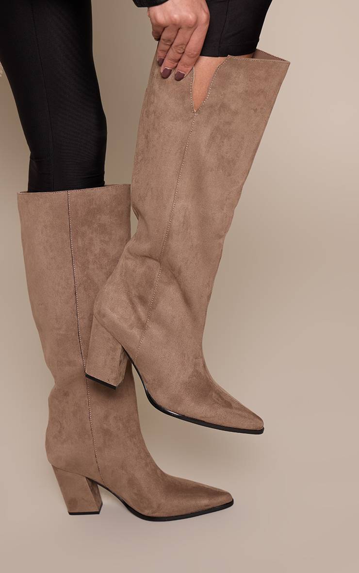 Taupe Bottes Hautes À Talon Bloc Bout Pointu En Synthétique