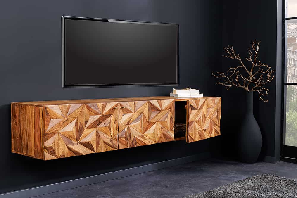 Hängendes TV-Lowboard ALPINE 160cm braun Sheesham Massivholz stone finish Metall gold
