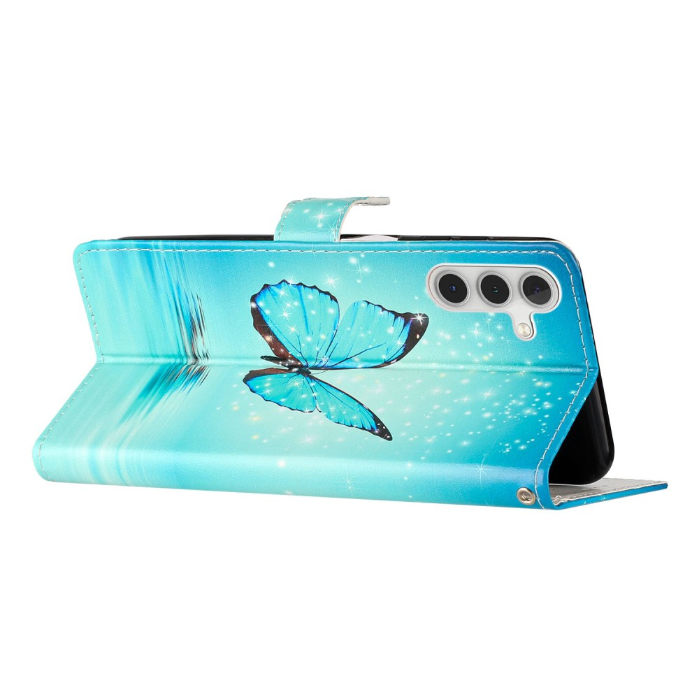 Samsung Galaxy A54 5G Leder Tasche mit Kartenfächern - Schmetterlinge (Blau)