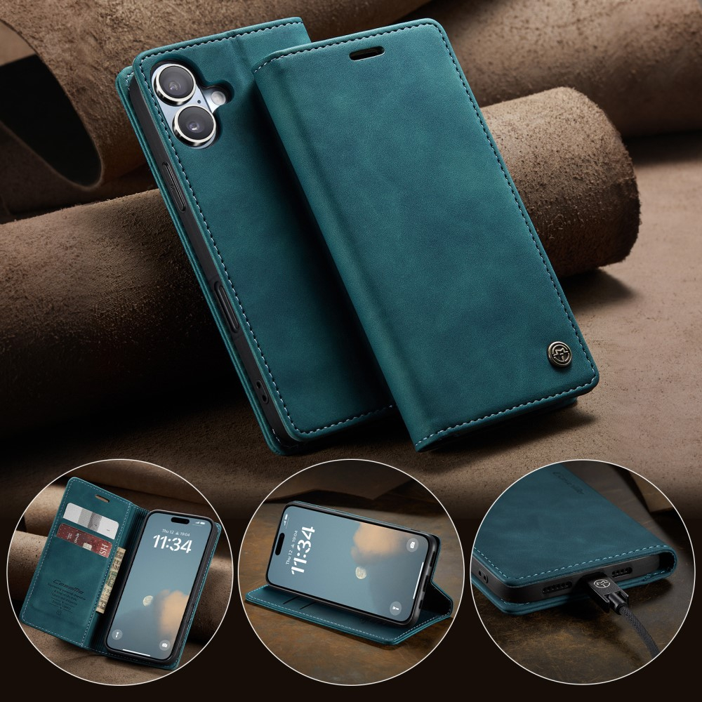 iPhone 16 Leder Tasche Flip Wallet Etui mit Kartenfächern - Blaugrün