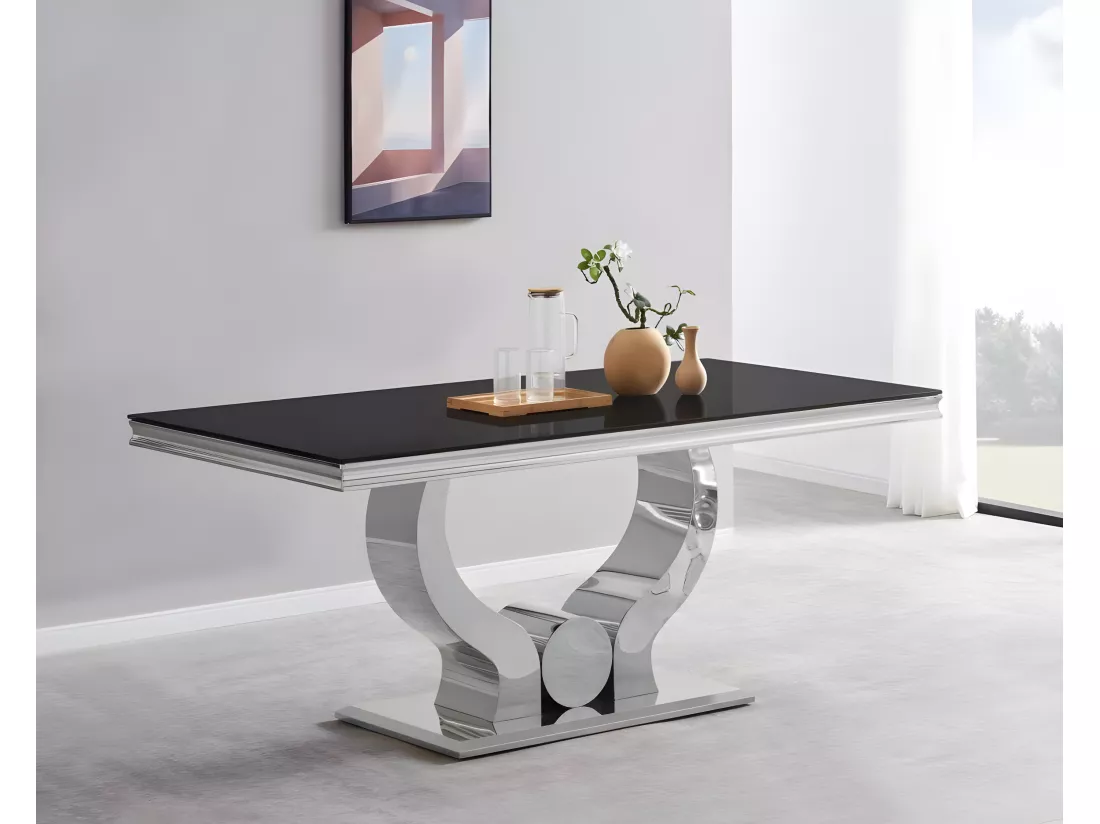Table a manger trofy chrome marbré noir 180x90x75cm