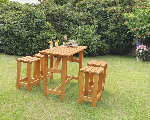 Promadino barset, 4-zits tafel, 4 krukken, hout, honingkleur