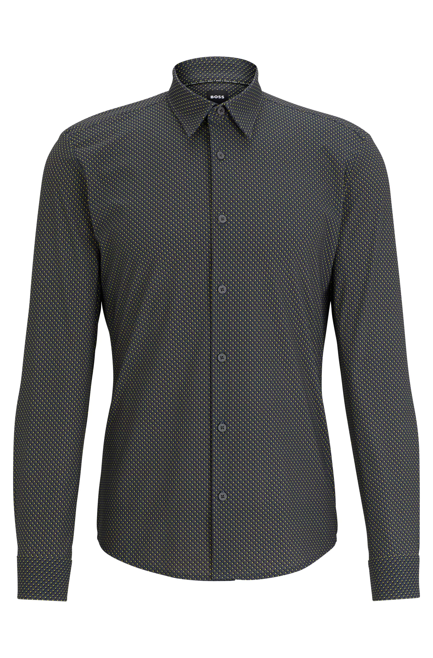 Camisa BOSS preta de corte slim em tecido elástico de alta performance com estampa.