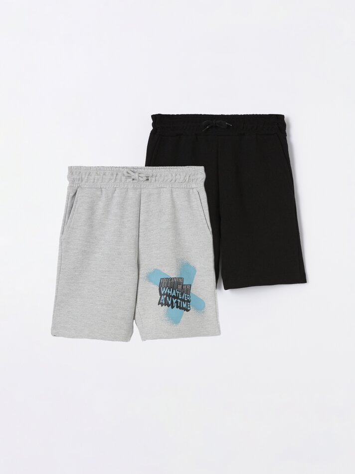 Conjunto com 2 bermudas de tecido atoalhado - Cinza Mesclado