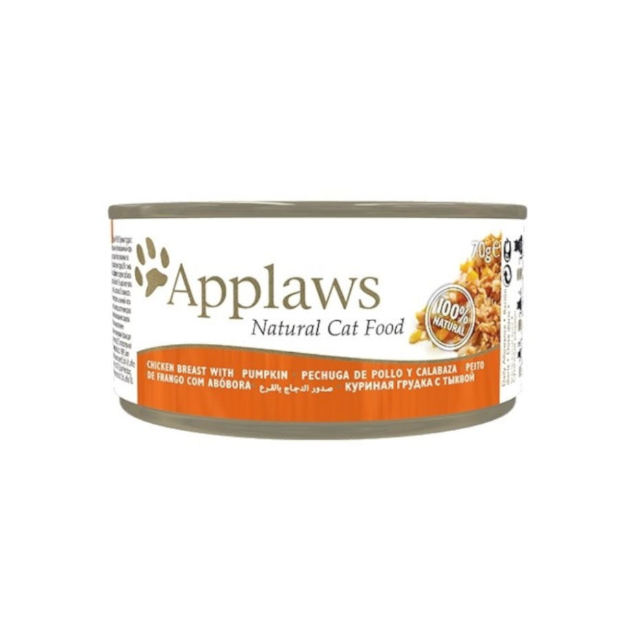 Lata de 70 g de ração Applaws sabor Frango e Abóbora para gatos