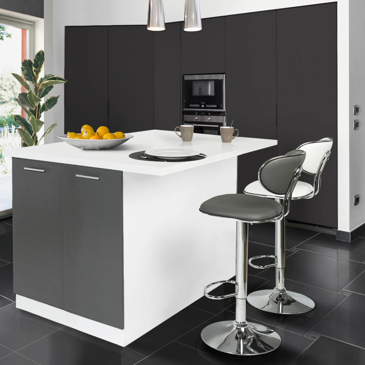 Ilot central IVO 120 cm blanc et gris avec plan de travail