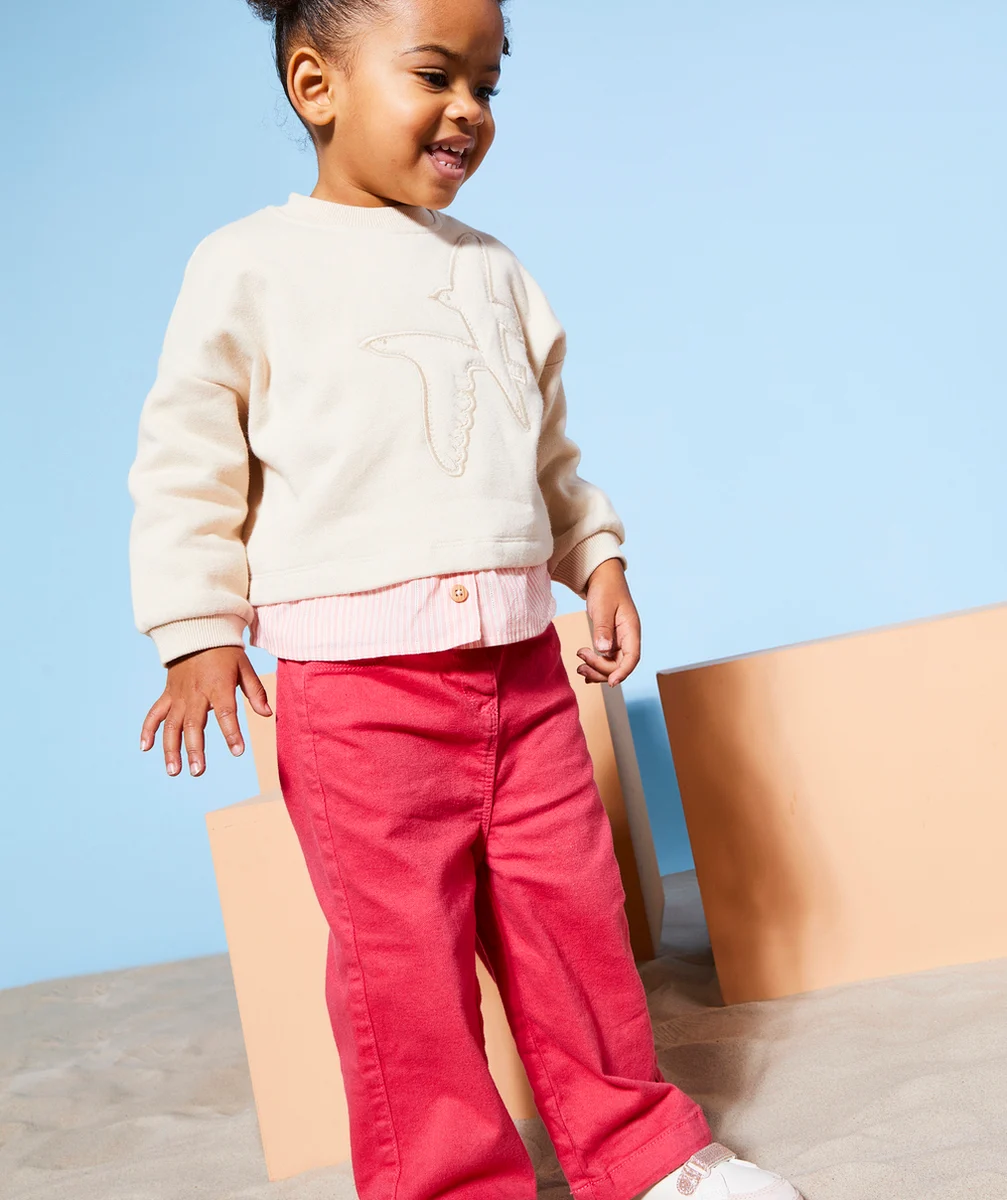 PANTALON WIDE LEG BÉBÉ FILLE EN DENIM LOW IMPACT ROSE AVEC CEINTURE