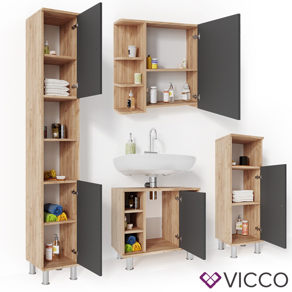 VICCO Badmöbel Set FYNN Eiche Anthrazit Bad Spiegel Unterschrank Badschrank Midi