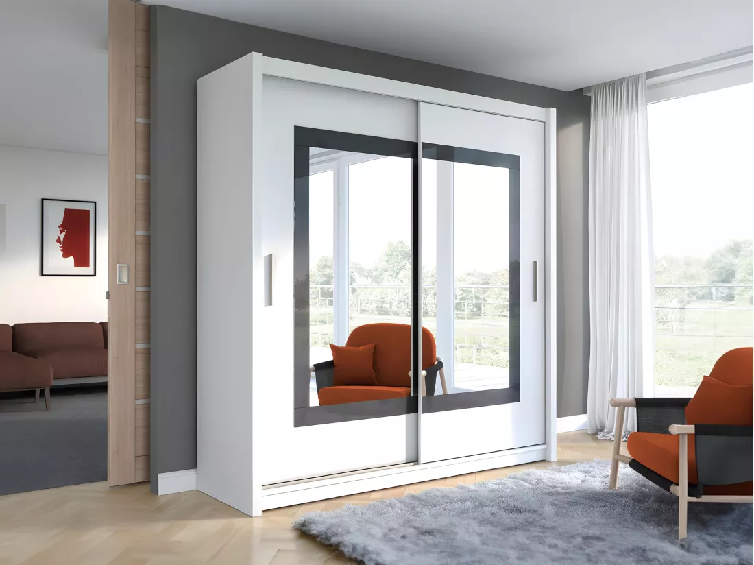 Armoire 2 portes coulissantes - Avec miroir - L203 cm - Coloris : Blanc - AUTLAN
