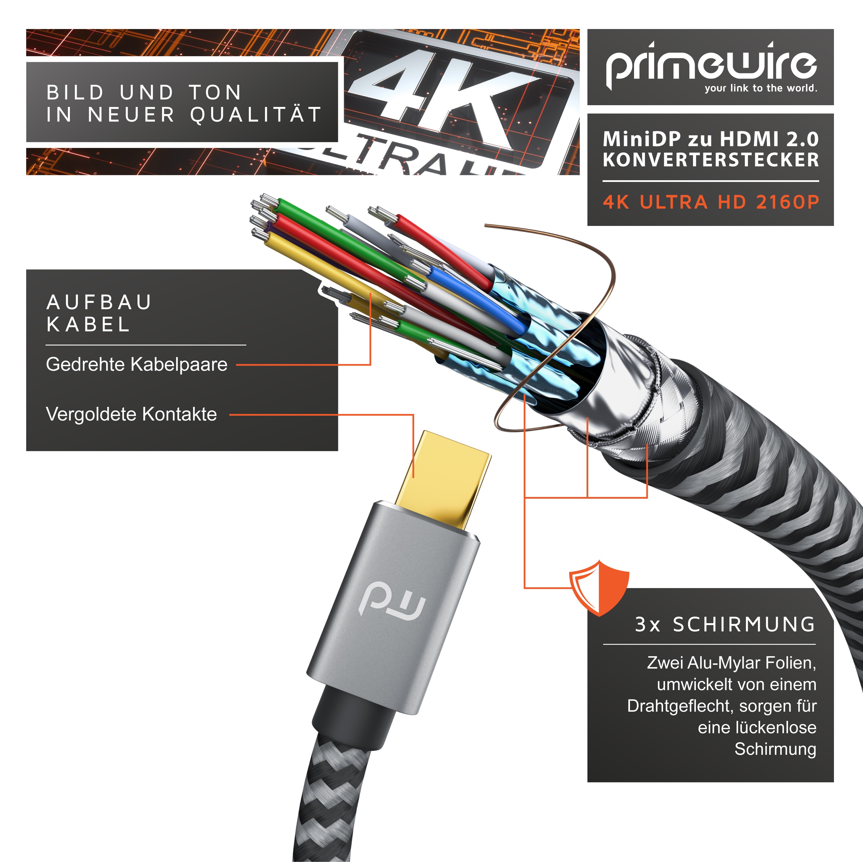 Primewire 4k Mini Displayport zu Hdmi 2.0 Adapter - mini DP Kabel - 4k@60Hz - Thunderbolt 1 - 2 - Audio und Video