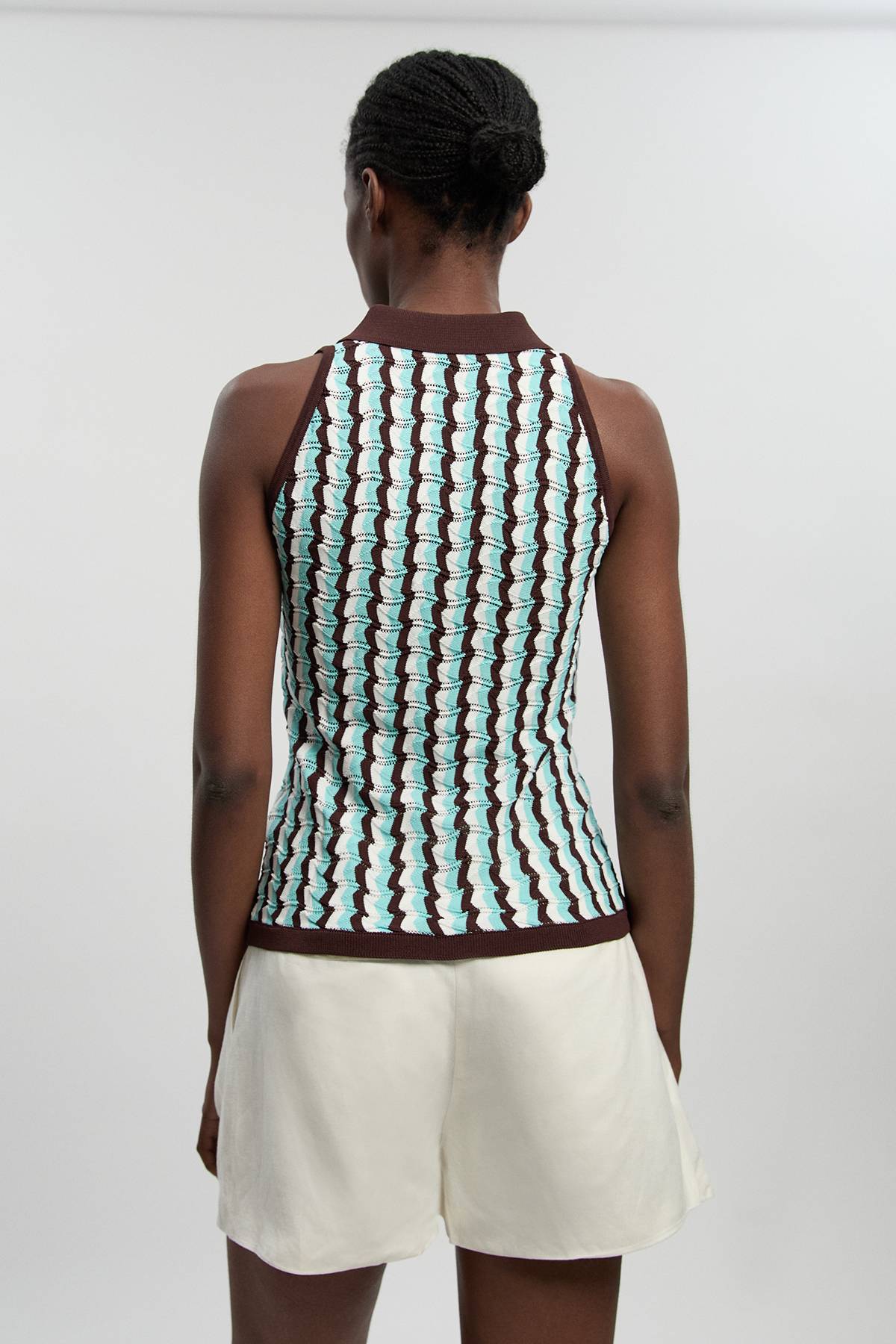 KarenMillen Haut Midi Sans Manches En Maille Pointelle À Col Contrastant