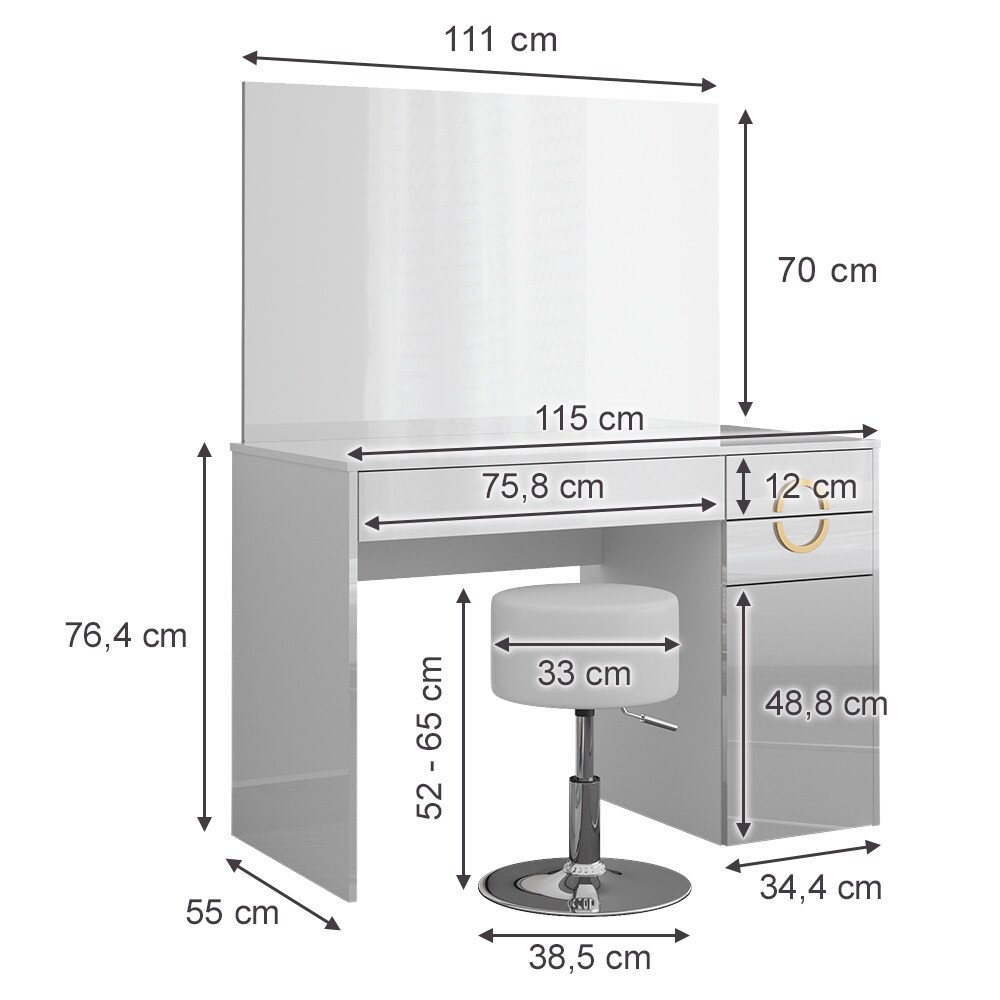 Vicco Schminktisch Adela Weiß Hochglanz, 115 x 76,4 cm mit Spiegel, Hocker