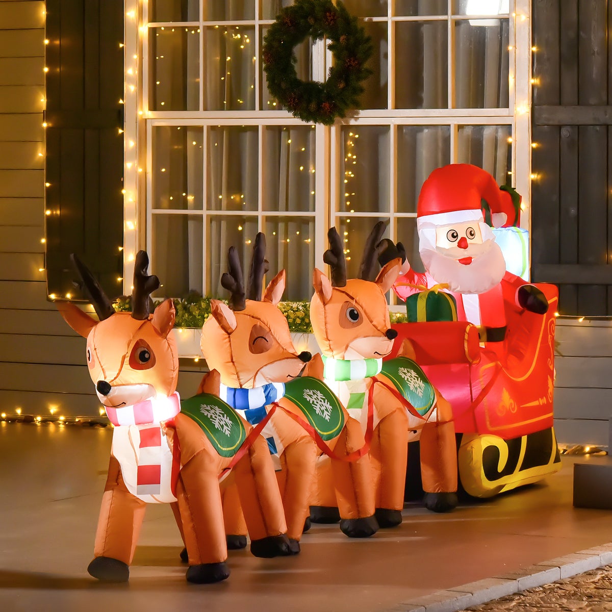 HOMCOM Opblaasbare Kerstman op Slee met 3 Herten, Weerbestendig, 319 x 59 x 132 cm, Polyester, Bruin+Rood+Groen