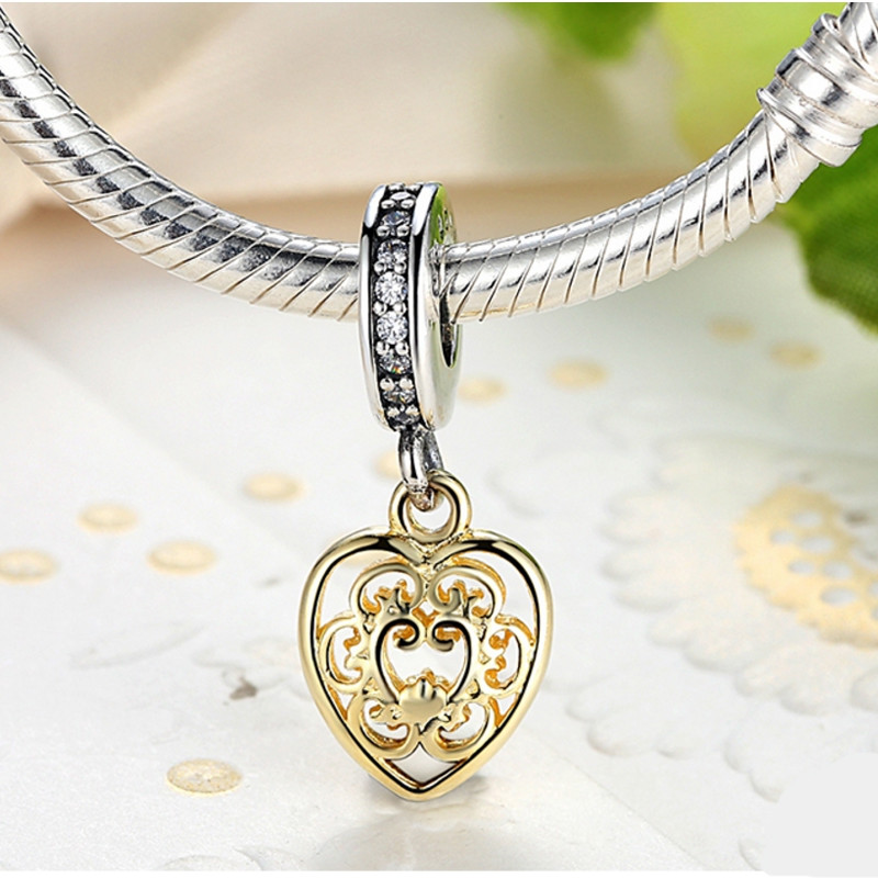 Charms Bead Pendant Coeur en Argent 925 Plaqué or jaune