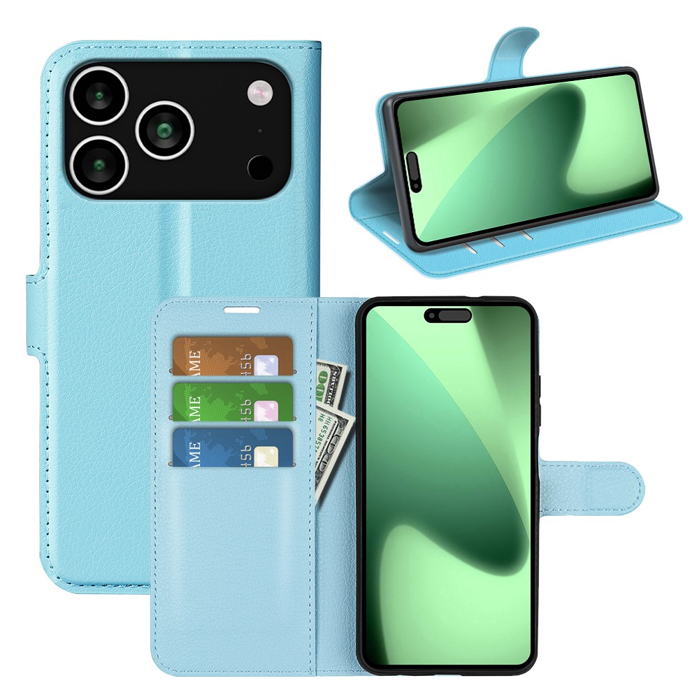 iPhone 17 Pro Max Leder Tasche Flip Cover Litchi Look - Blau