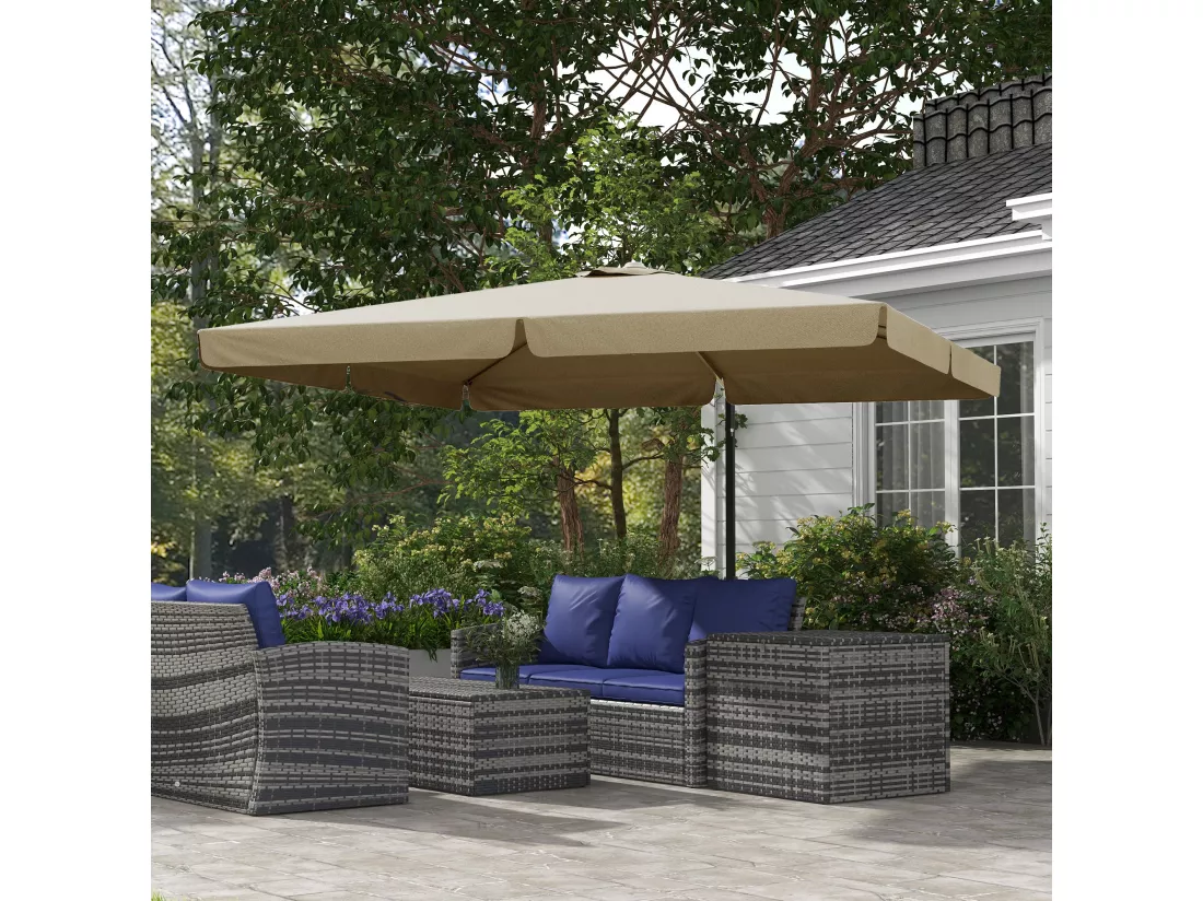 Parasol déporté carré inclinable manivelle avec piètement croix alu beige