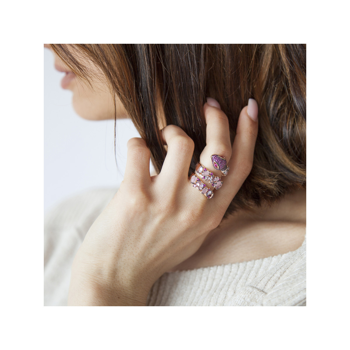 Bague argent 925 rosé serpent zirconias roses et blancs