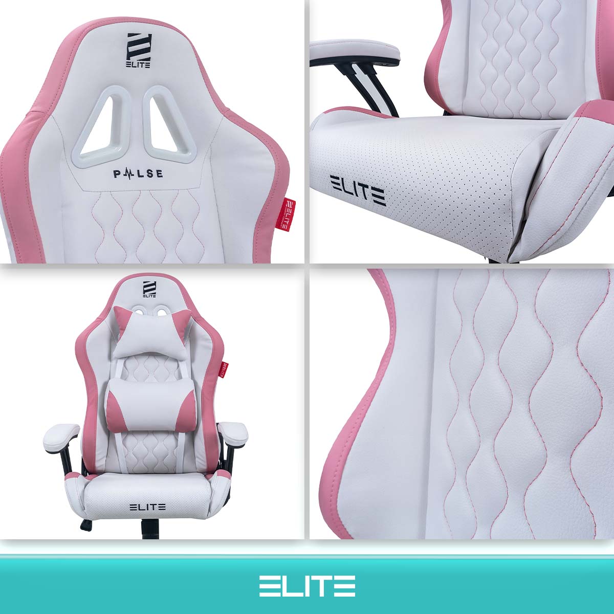 ELITE Gaming-Stuhl für Kinder PULSE, ergonomisch, bis 120kg, verstellbare Höhe, Wippmechanik, Kissen (Weiß/Pink)