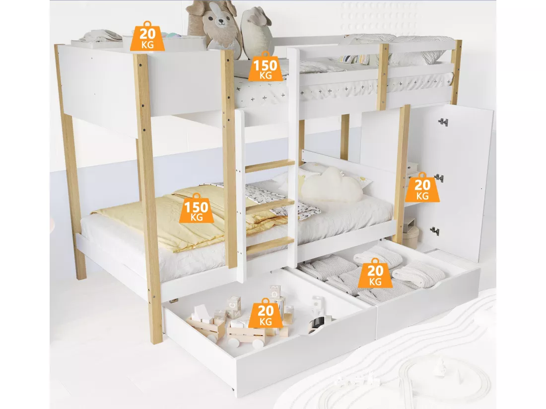 Lit superposé 90x200cm en bois - avec 1 meuble de rangement et 2 tiroirs sur roulettes - Blanc