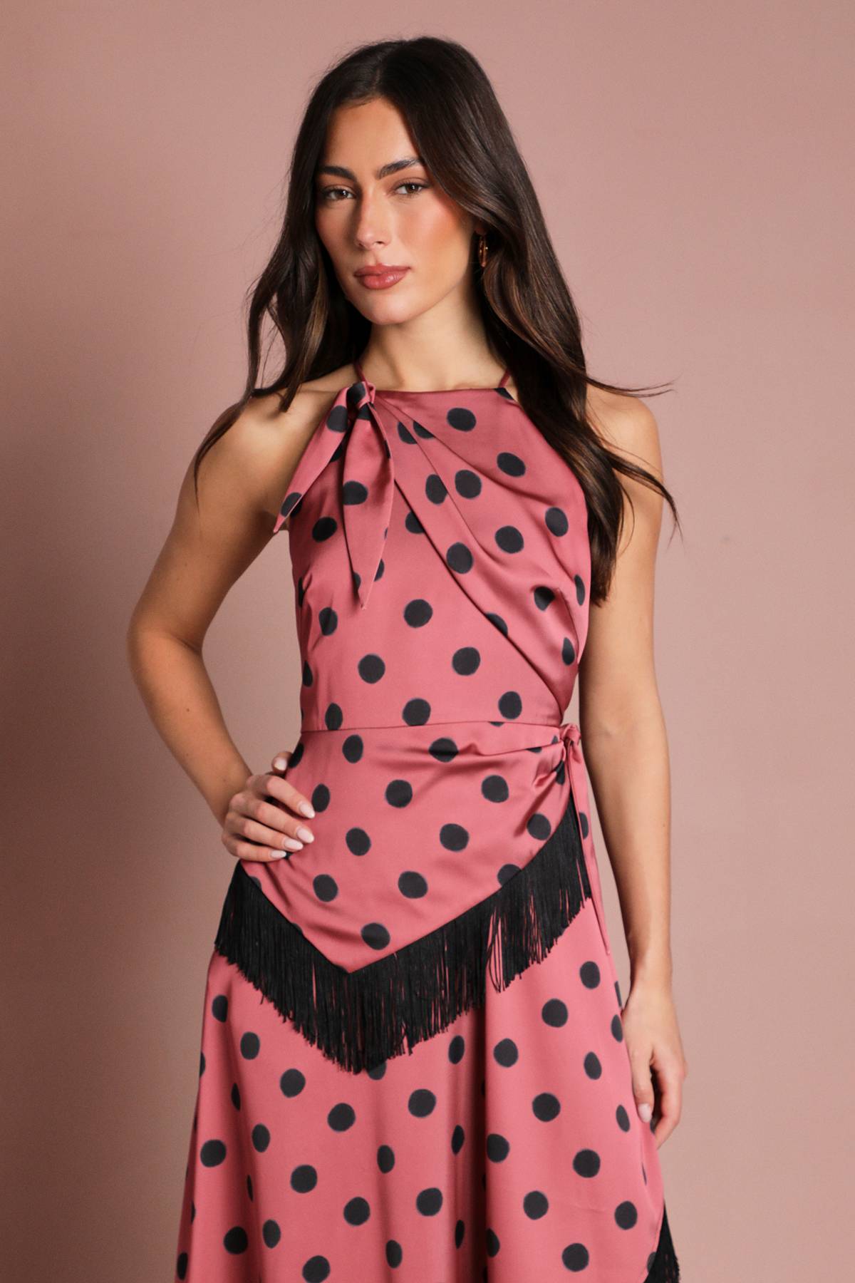 Coast Robe Midi En Satin À Pois Avec Franges Et Encolure Dos-nu