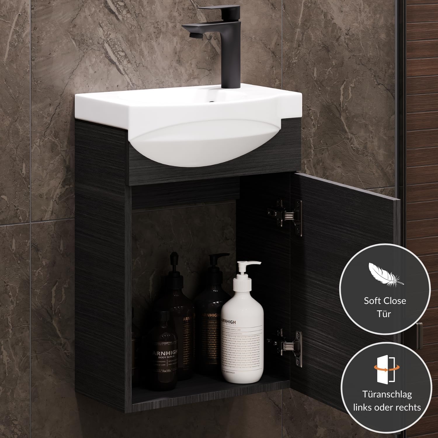 Planetmöbel Badmöbel Set Waschtisch mit Unterschrank 40 x 60 x 29 cm mit Waschtischarmatur schwarz für Badezimmer, Gäste WC & Bad, Anthrazit