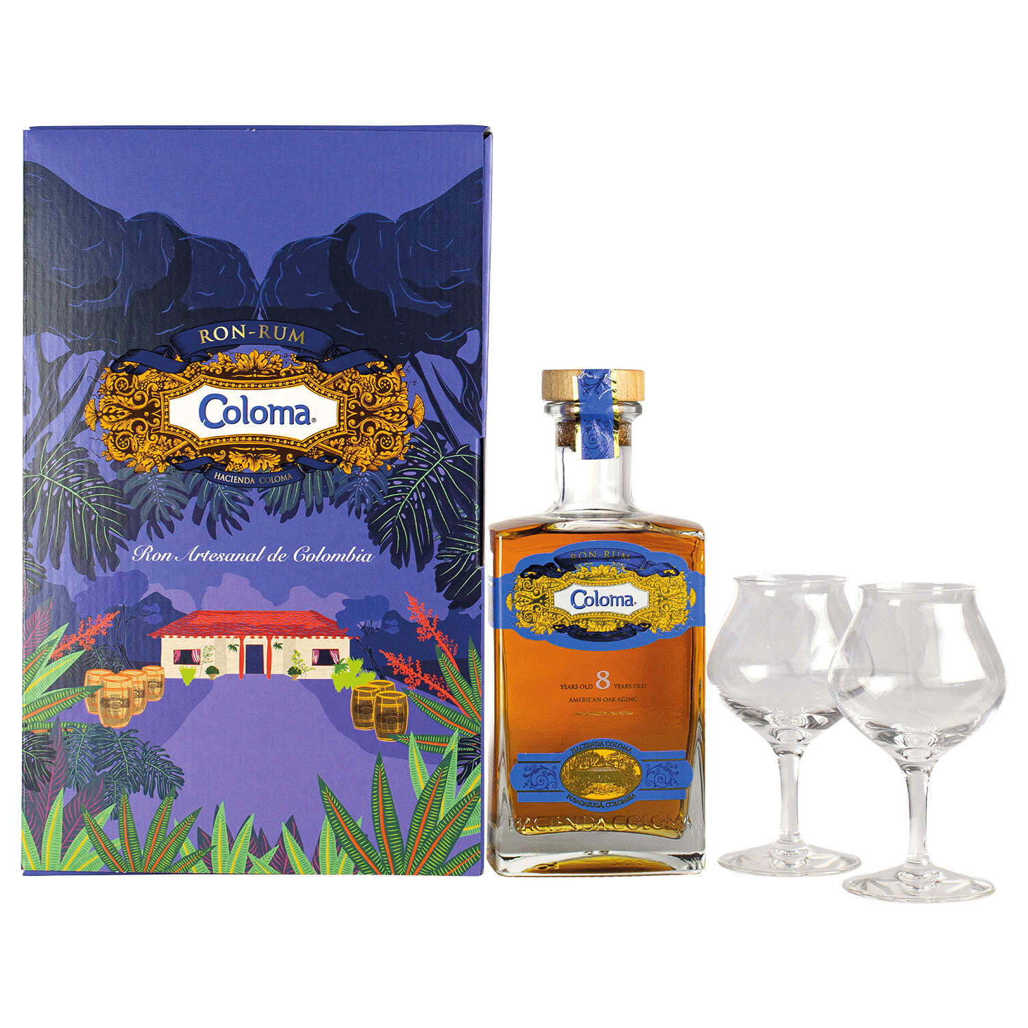 Coffret cadeau rhum Coloma 8 ans 40% 2 verres