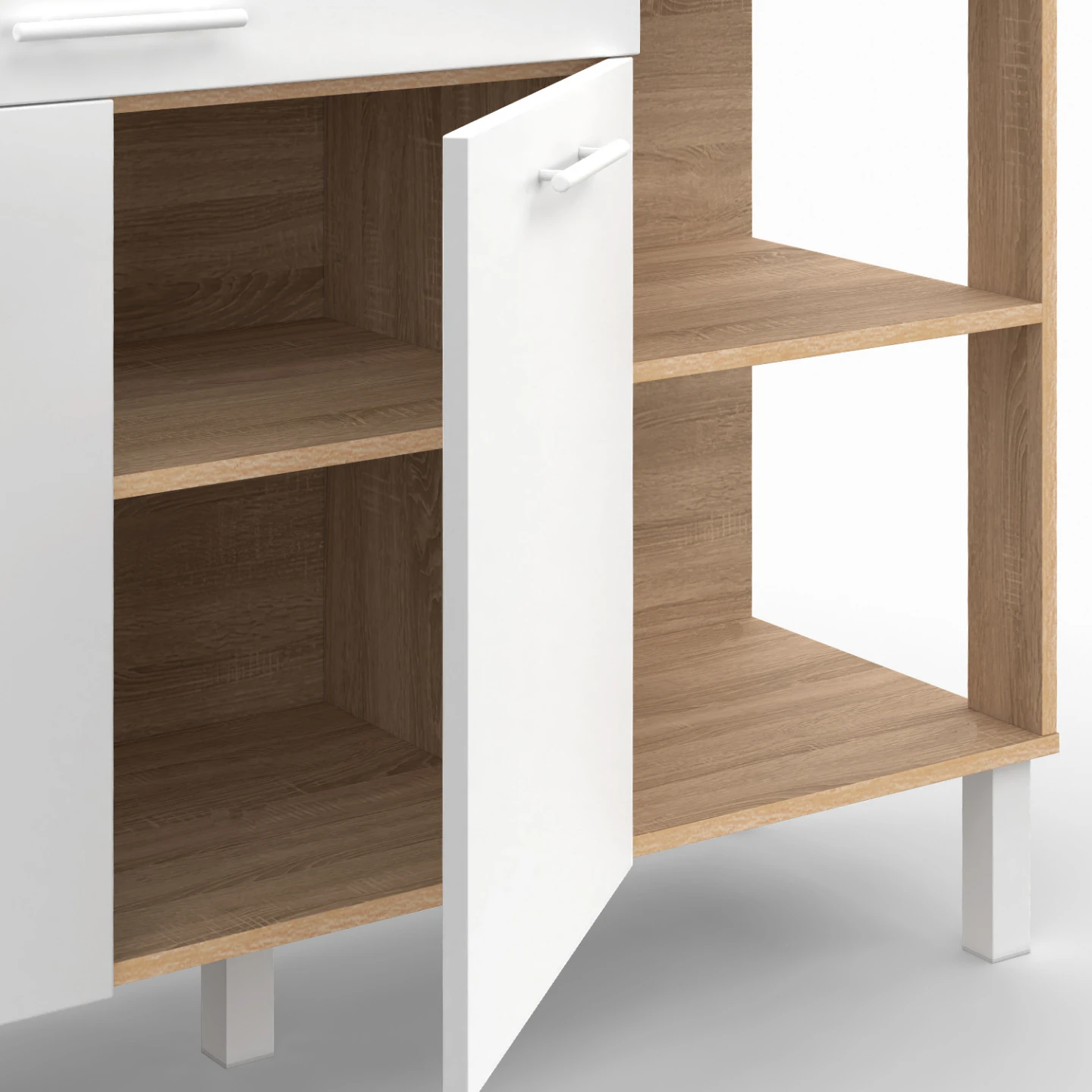 Buffet bas de cuisine 120 cm CINA plan de travail H.83 cm 2 portes + tiroir façon hêtre et blanc