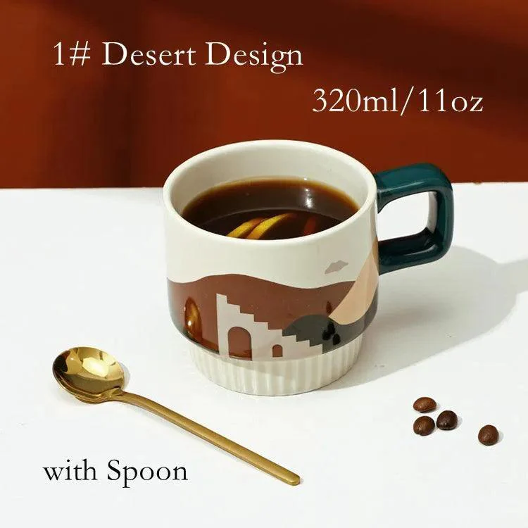 Nordic Unique Design Printed Ceramic Coffee Mug Cup with gold spoon | Aesthetic Decorative Kitchenware