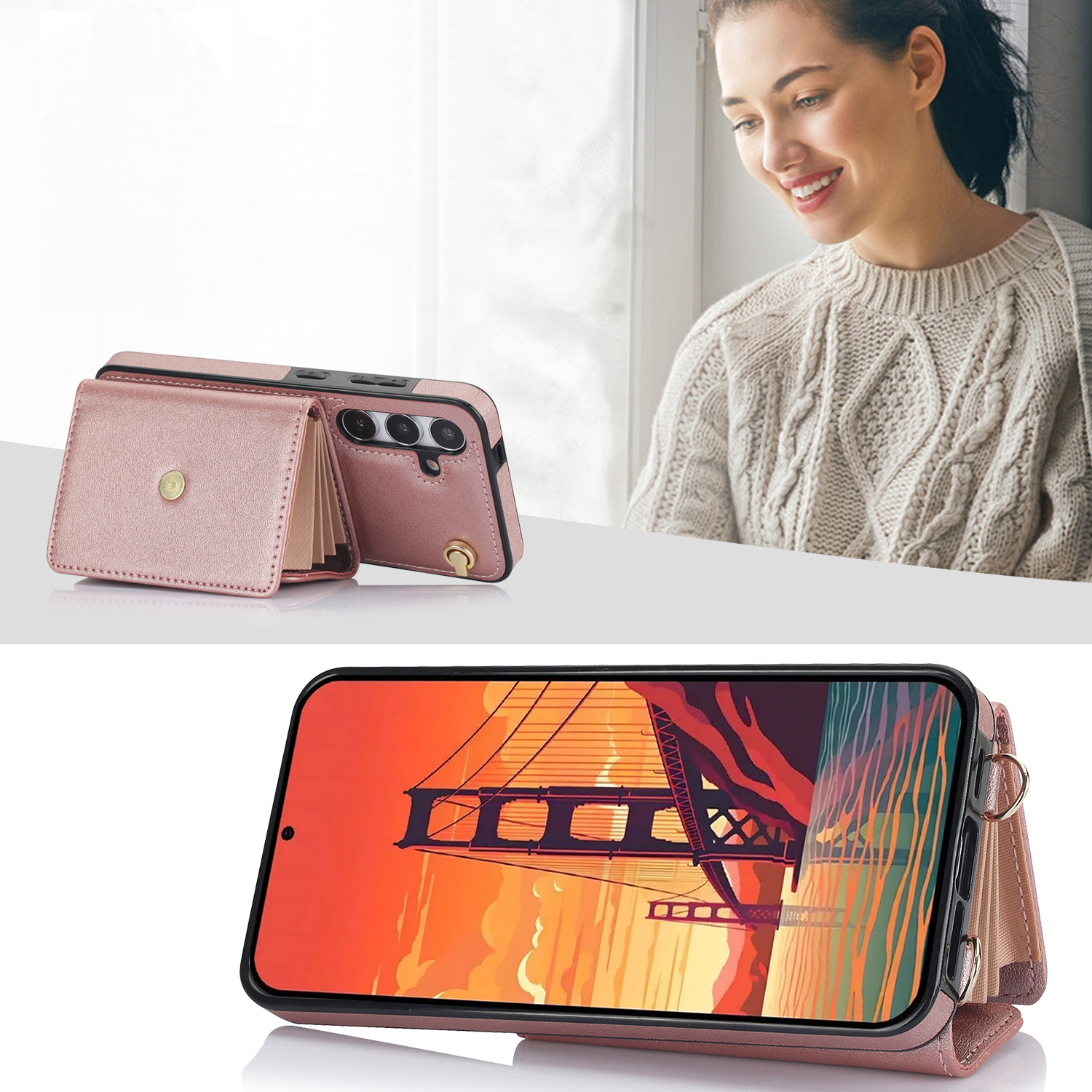Samsung Galaxy S24  Plus Necklace Leder Schutz Hülle mit Kartenfach   Handykette (140cm) - Roségold