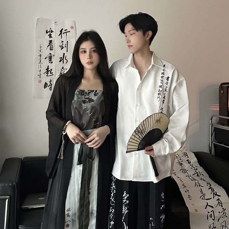 Azure - Koppel bijpassende lange mouwen shirt met Chinese karakters / wijde broek / cami top / maxi geplooide rok / lange cardigan