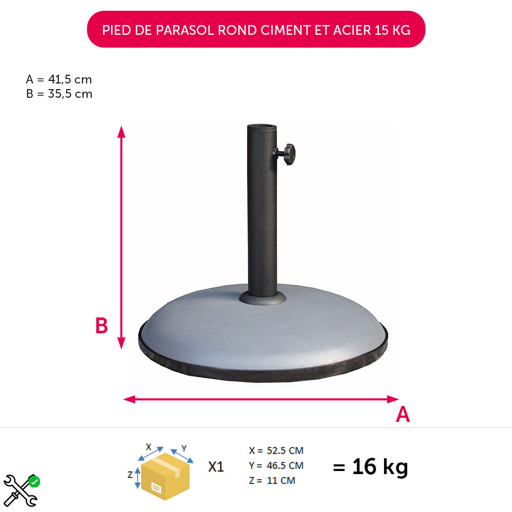 Pied de parasol rond ciment et acier 15 kg