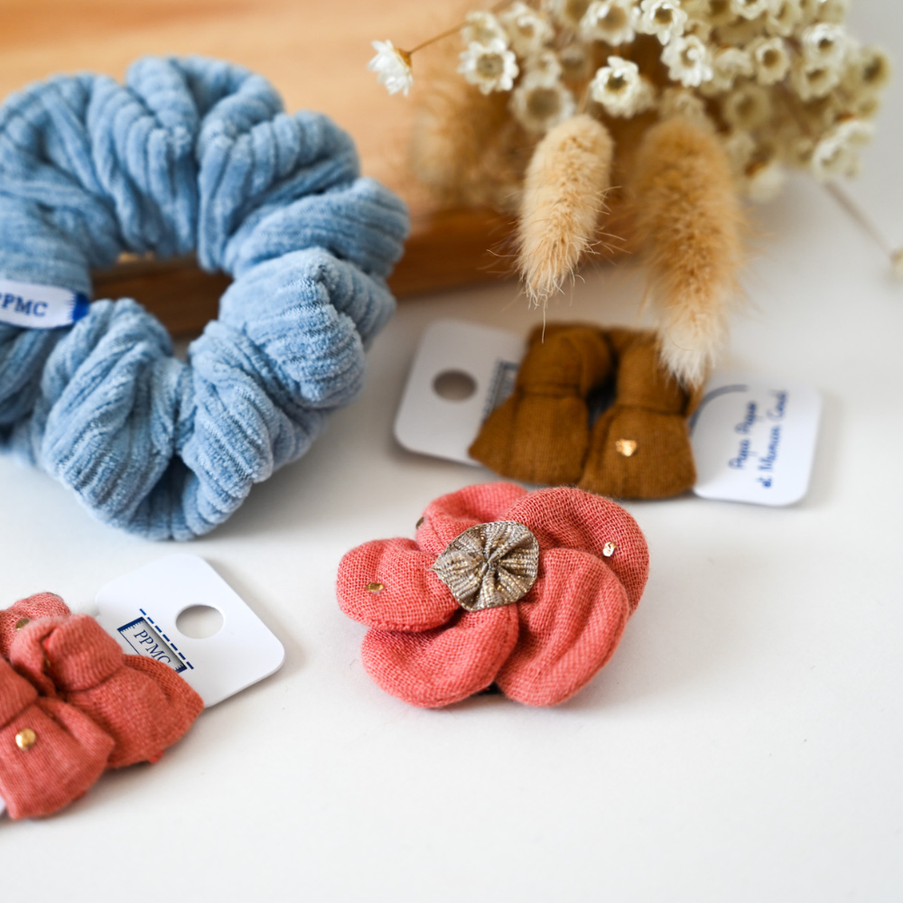 Mini Barrette Pétales De Fleur Gaze Pois Or Rose Blush