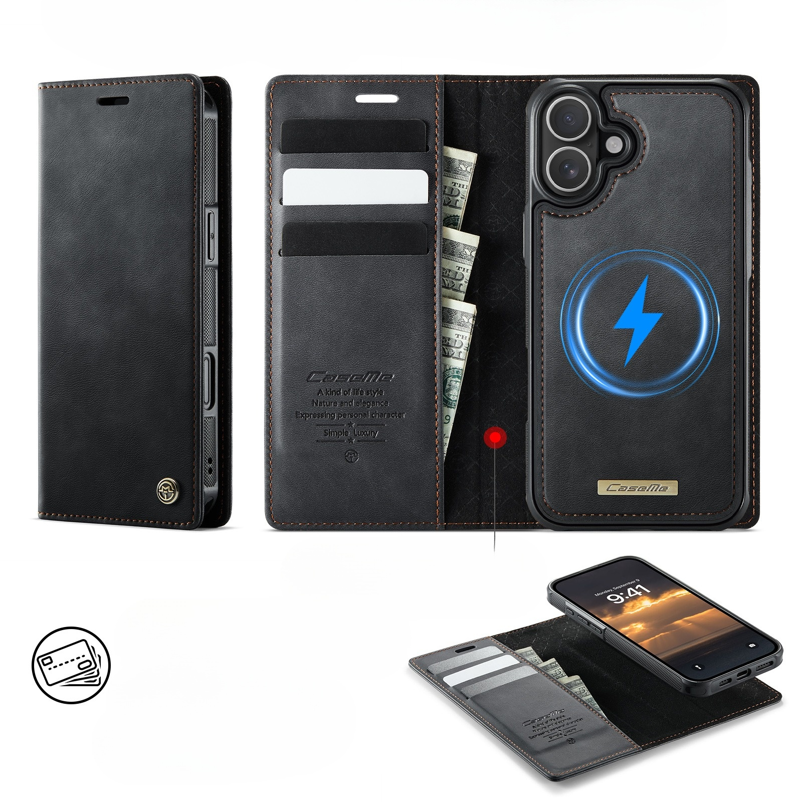 iPhone 16 2in1 MagSafe Leder Tasche   Magnet Hardcase Karten Etui (RFID Schutz) - Schwarz
